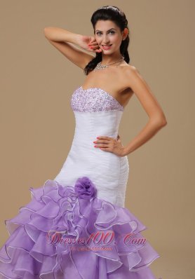 Mermaid Ruffles White and Purple Organza Beaded Prom Dress