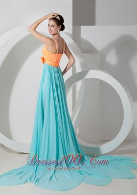 Aqua Blue and Orange Evening Dress Belt Brush Train