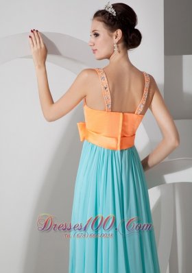 Aqua Blue and Orange Evening Dress Belt Brush Train