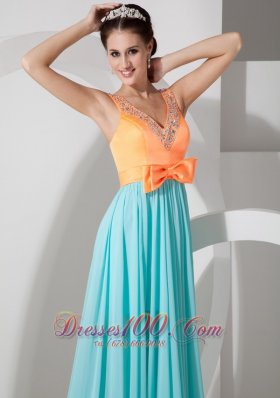 Aqua Blue and Orange Evening Dress Belt Brush Train