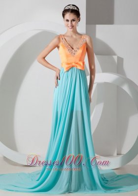 Aqua Blue and Orange Evening Dress Belt Brush Train