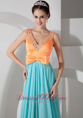 Aqua Blue and Orange Evening Dress Belt Brush Train