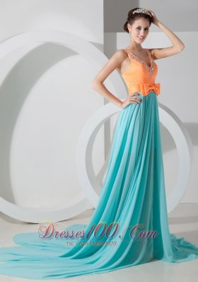 Aqua Blue and Orange Evening Dress Belt Brush Train