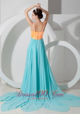 Aqua Blue and Orange Evening Dress Belt Brush Train