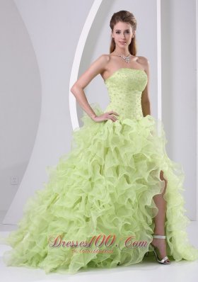 High Slit Beaded and Ruffled Dama Dresses for Quinceanera