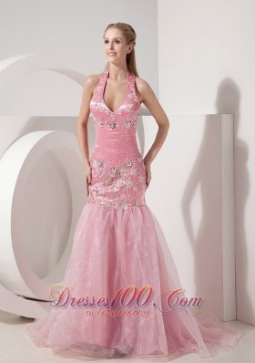 Evening Dress Mermaid Halter Appliques and Beaded Decorated