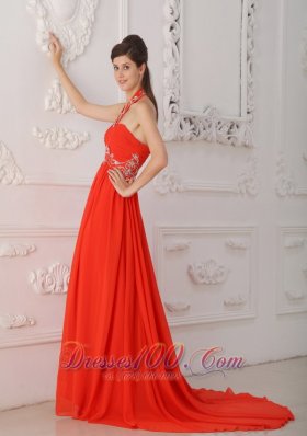 Halter Court Train Beading Red Prom / Evening Dress