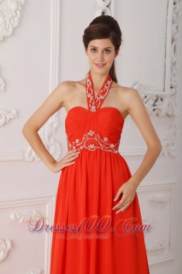 Halter Court Train Beading Red Prom / Evening Dress