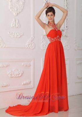 Halter Court Train Beading Red Prom / Evening Dress