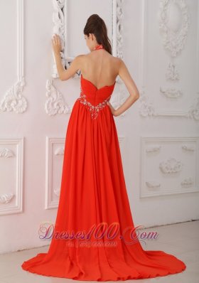 Halter Court Train Beading Red Prom / Evening Dress