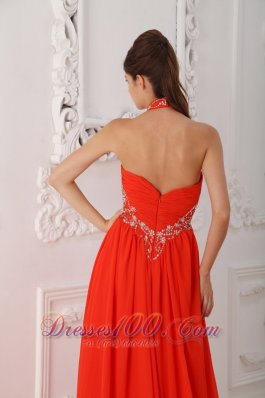 Halter Court Train Beading Red Prom / Evening Dress