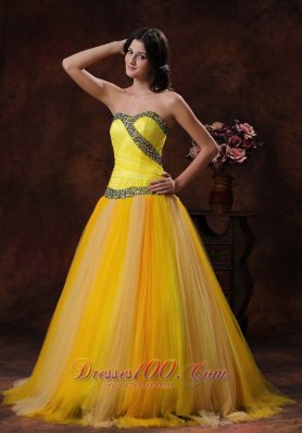 Yellow Beaded Decorate Tulle Dama Dresses for Quinceanera