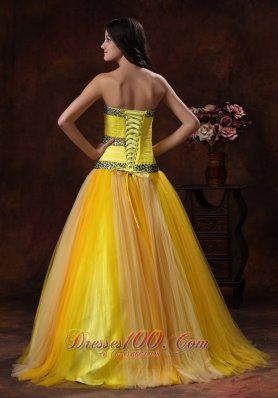 Yellow Beaded Decorate Tulle Dama Dresses for Quinceanera