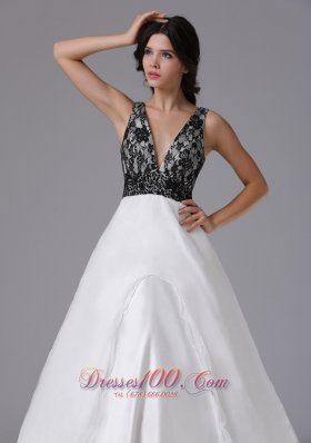 Black Lace White Organza Deep Neck Prom Dress