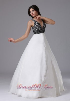 Black Lace White Organza Deep Neck Prom Dress