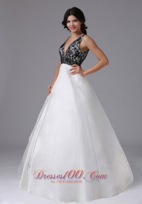 Black Lace White Organza Deep Neck Prom Dress