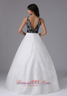 Black Lace White Organza Deep Neck Prom Dress