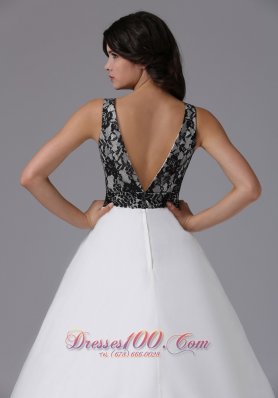 Black Lace White Organza Deep Neck Prom Dress