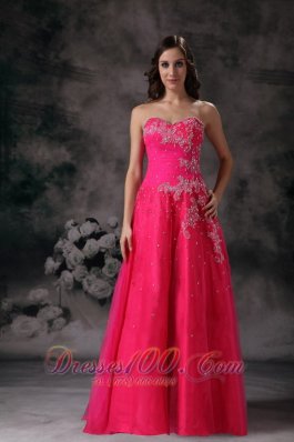Hot Pink Floral Appliques Beading Formal Prom Dress
