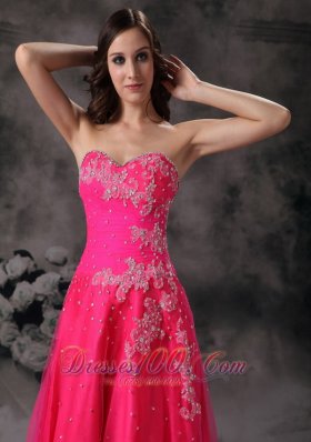 Hot Pink Floral Appliques Beading Formal Prom Dress