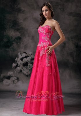 Hot Pink Floral Appliques Beading Formal Prom Dress