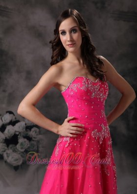 Hot Pink Floral Appliques Beading Formal Prom Dress