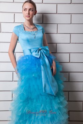 Square Prom Dress Tulle Layers and Taffeta Bowknot