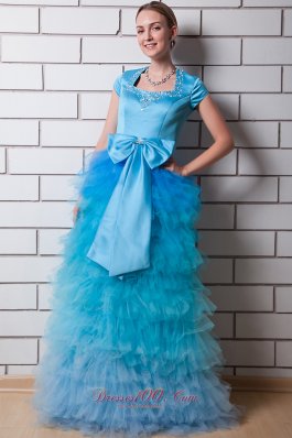 Square Prom Dress Tulle Layers and Taffeta Bowknot