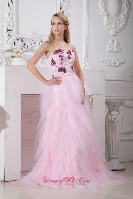 Brush Train Taffeta and Tulle Appliques Prom Dress