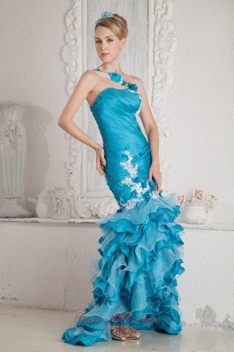 2013 Teal Mermaid One Shoulder White Appliques with HL