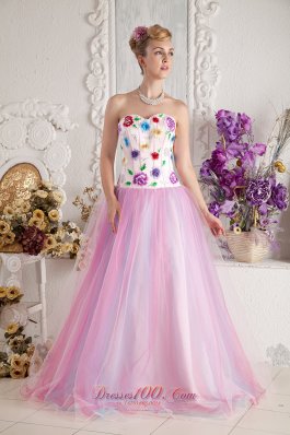 Colorful Appliques Bodice Tulle Overlay Prom Gowns