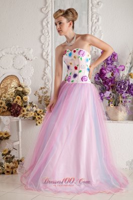 Colorful Appliques Bodice Tulle Overlay Prom Gowns