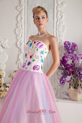 Colorful Appliques Bodice Tulle Overlay Prom Gowns