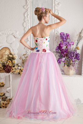 Colorful Appliques Bodice Tulle Overlay Prom Gowns