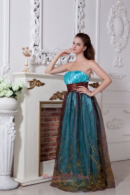 Aqua Taffeta and Brown Embroidery Prom Dress