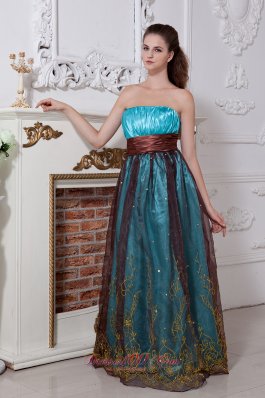 Aqua Taffeta and Brown Embroidery Prom Dress