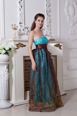 Aqua Taffeta and Brown Embroidery Prom Dress