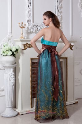 Aqua Taffeta and Brown Embroidery Prom Dress