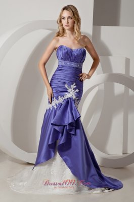 Purple and White Elastic Wove Satin Wedding Dress Court Train