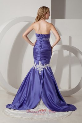 Purple and White Elastic Wove Satin Wedding Dress Court Train