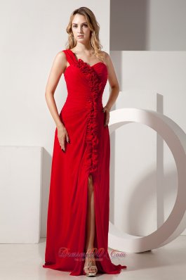 One Shoulder Hand Flowers Prom / Evening Dress With Slit