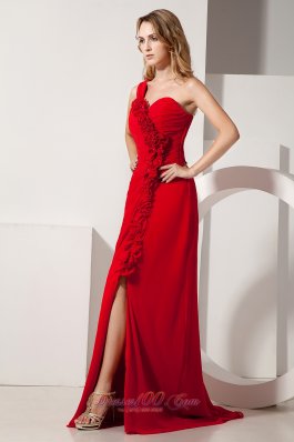 One Shoulder Hand Flowers Prom / Evening Dress With Slit