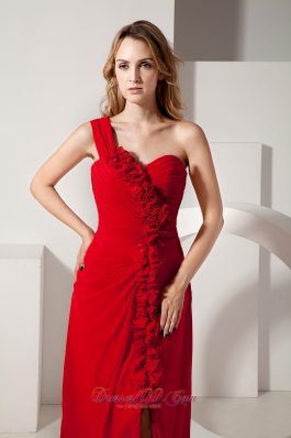 One Shoulder Hand Flowers Prom / Evening Dress With Slit