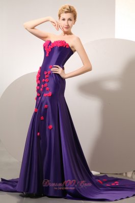 Chapel Purple Elastic Woven Satin Red Flowers Prom Dress