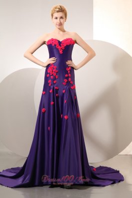 Chapel Purple Elastic Woven Satin Red Flowers Prom Dress