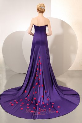 Chapel Purple Elastic Woven Satin Red Flowers Prom Dress