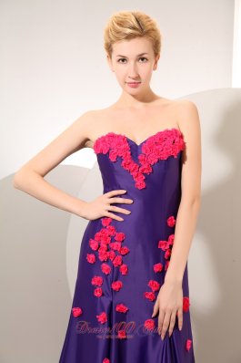 Chapel Purple Elastic Woven Satin Red Flowers Prom Dress