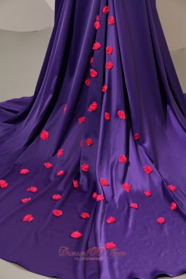 Chapel Purple Elastic Woven Satin Red Flowers Prom Dress