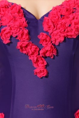 Chapel Purple Elastic Woven Satin Red Flowers Prom Dress