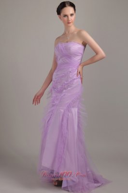 Brush Train Tulle Ruch Prom Dress Mermaid Uneven Hemline